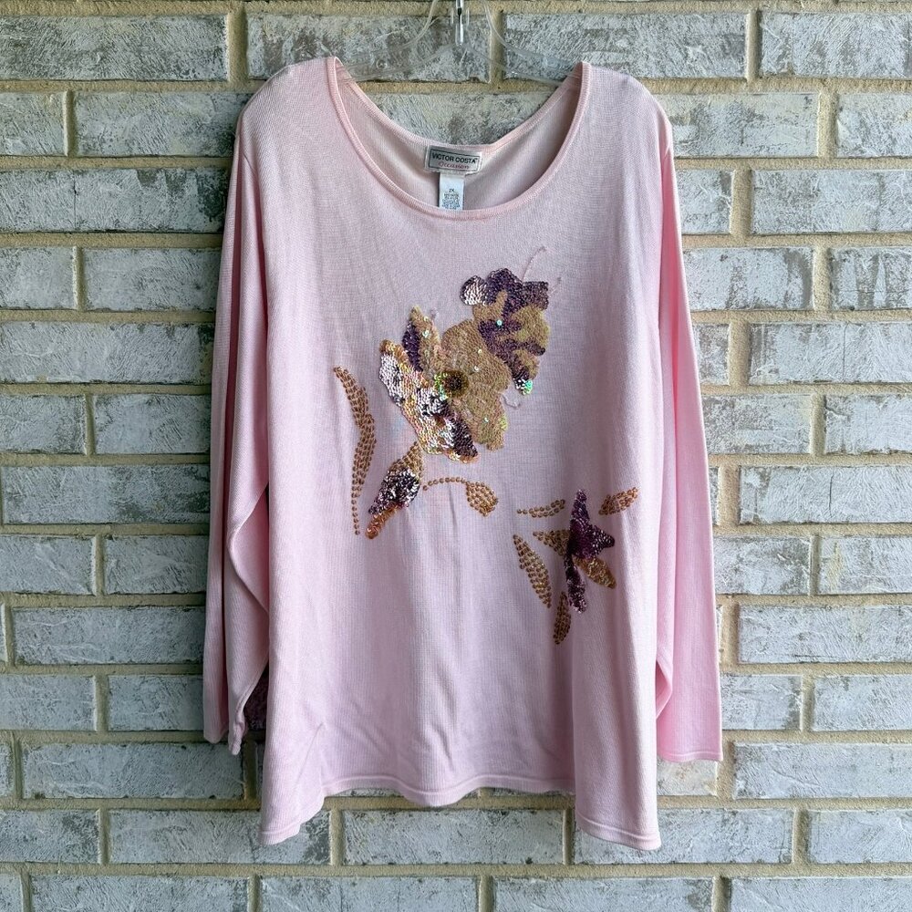 Victor Costa Occasion Long Sleeve Scoop Neck Floral Sequins Pink Sweater Size 2X